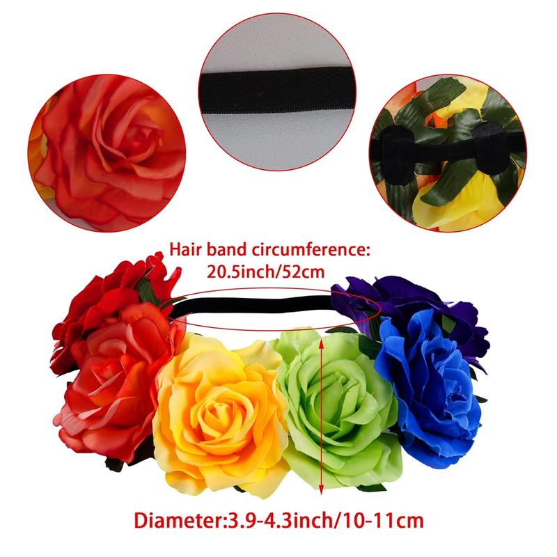 Rainbow Rose Headband Rainbow Flower Crown Woodland Hair Wreath Floral Crown Women's Hawaiian Stretch Headpiece Gay Pride Accessories for Gay LGBT Bisexual Pride Party Supplies Halloween