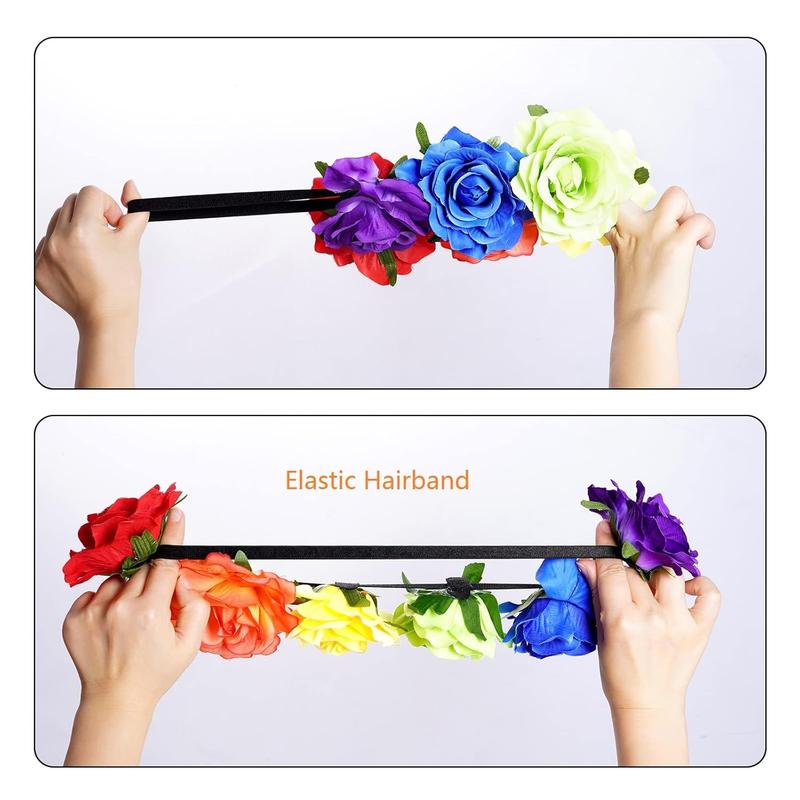 Rainbow Rose Headband Rainbow Flower Crown Woodland Hair Wreath Floral Crown Women's Hawaiian Stretch Headpiece Gay Pride Accessories for Gay LGBT Bisexual Pride Party Supplies Halloween