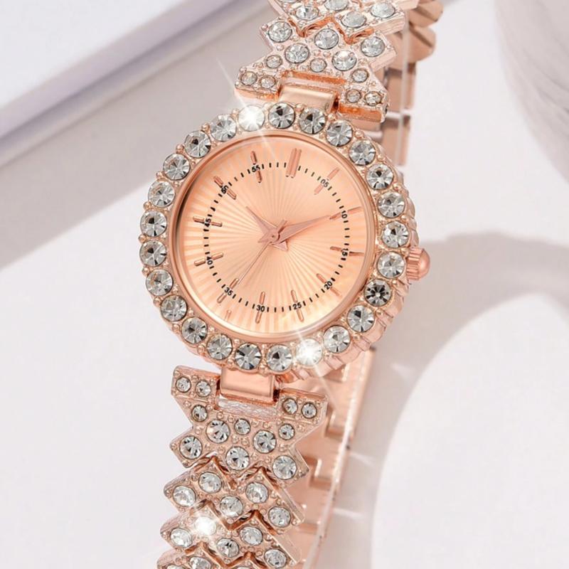 7pcs Ladies Watch  Watch Rhinestone Decorated Women's Quartz Alloy Steel Strap Watch, Business Casual Style With Roman Numeral Display, Comes With Matching Bracelet, Necklace, Ring, Earrings