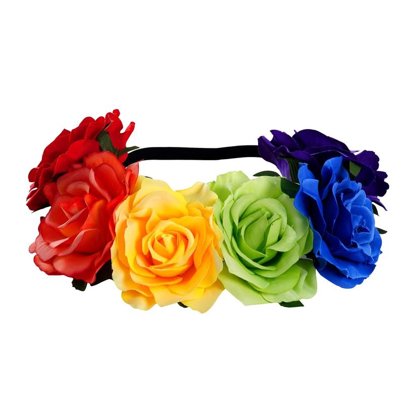 Rainbow Rose Headband Rainbow Flower Crown Woodland Hair Wreath Floral Crown Women's Hawaiian Stretch Headpiece Gay Pride Accessories for Gay LGBT Bisexual Pride Party Supplies Halloween