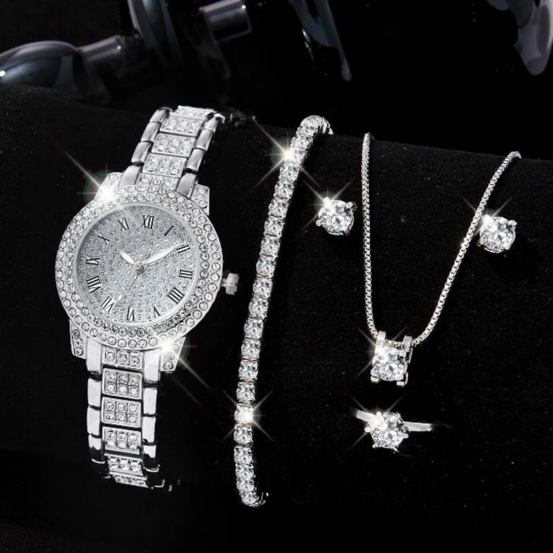 7pcs Ladies Watch  Watch Rhinestone Decorated Women's Quartz Alloy Steel Strap Watch, Business Casual Style With Roman Numeral Display, Comes With Matching Bracelet, Necklace, Ring, Earrings