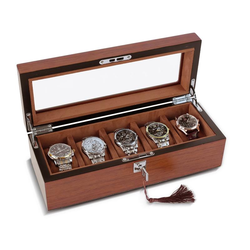 Wood Watch Box for Men, 5-Slot Watch Case with Glass Lid