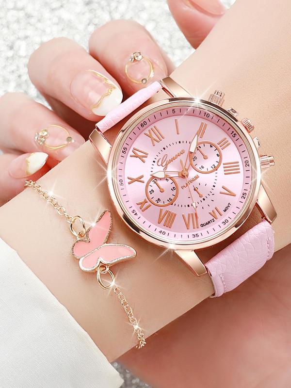 Women's Fashion Round Dial Pu Leather Strap Analog Quartz Watch (6pcs), with Butterfly Design Jewelry Set, without Box, Trendy All-match & Exquisite Watch for Birthday Gift