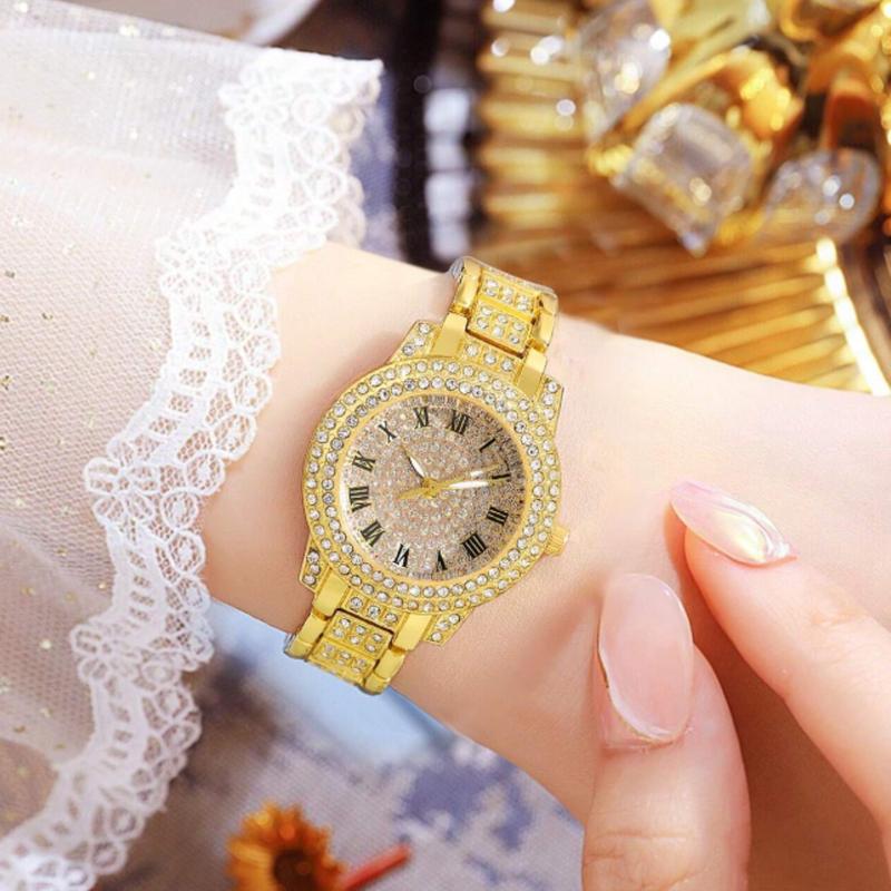 7pcs Ladies Watch  Watch Rhinestone Decorated Women's Quartz Alloy Steel Strap Watch, Business Casual Style With Roman Numeral Display, Comes With Matching Bracelet, Necklace, Ring, Earrings