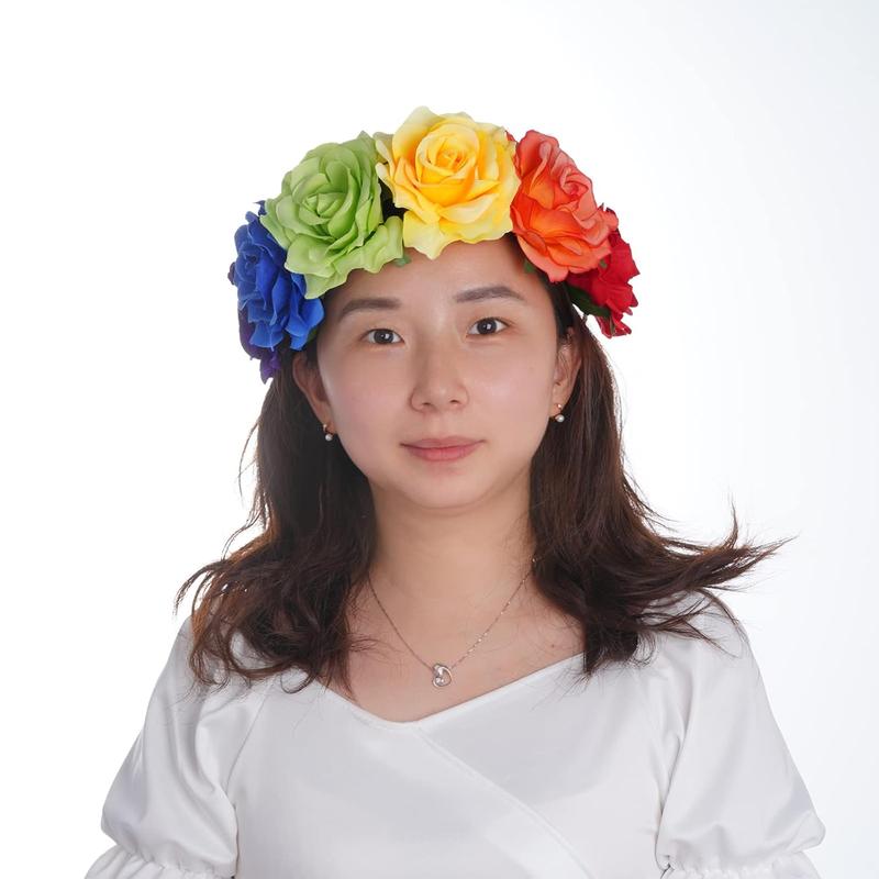 Rainbow Rose Headband Rainbow Flower Crown Woodland Hair Wreath Floral Crown Women's Hawaiian Stretch Headpiece Gay Pride Accessories for Gay LGBT Bisexual Pride Party Supplies Halloween