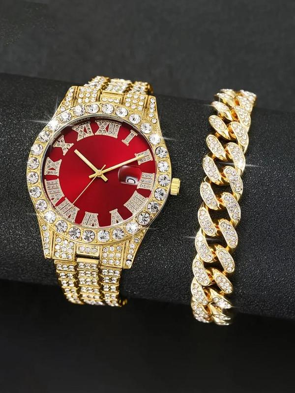 Women's Elegant Rhinestone Decorated Quartz Watch & Bracelet, Exquisite Trendy Wristwatch & Bracelet, Fashionable Watch Set As Gift