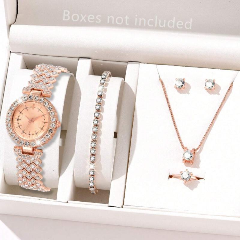 7pcs Ladies Watch  Watch Rhinestone Decorated Women's Quartz Alloy Steel Strap Watch, Business Casual Style With Roman Numeral Display, Comes With Matching Bracelet, Necklace, Ring, Earrings