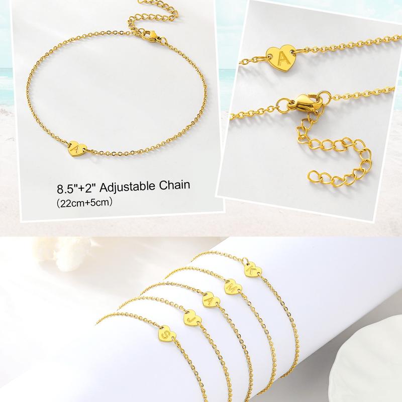 FindChic Initial Heart Charm Anklet with 26 Letters Golden-Plated Cute Ankle Bracelet Golden Mariner Chain Summer Beach Jewelry For Women Girlfriend Birthday Anniversary Wedding Valentine's Day Christmas Holiday Gift