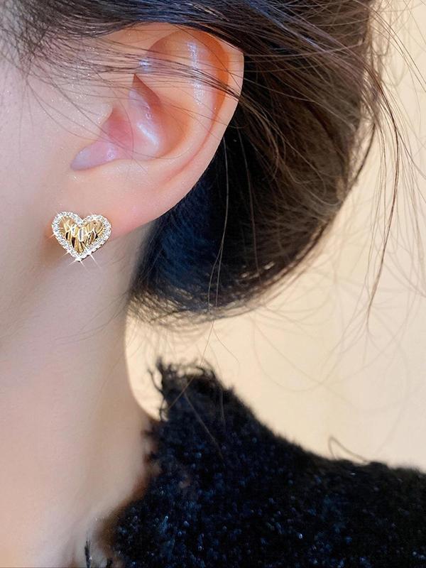 Rhinestone Decorated Heart Shaped Stud Earrings, Fashionable Jewelry for Women for Party, Daily Clothing Decor, Trendy All-match & Exquisite Jewelry for Birthday Gift