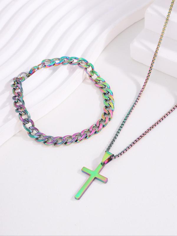 Punk Style Cuban Chain Bracelet & Cross Pendant Necklace, Stainless Steel Jewelry Set for Party, Daily  Decor, Trendy  Exquisite Jewelry for Birthday Gift