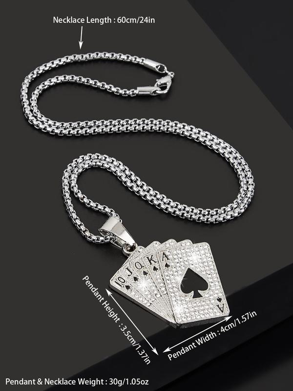 Street Rhinestone Poker Design Pendant Necklace for Men, 2024 Trendy Hip-hop Chain Necklace, Men's Jewelry, Personalized Fashion Party Jewelry Male Accessories