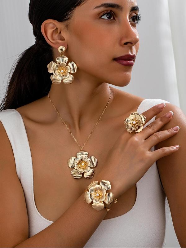 Flower Design Faux Pearl Decorated Jewelry Set, Fashion Necklace & Earrings & Ring & Bracelet for Party, Daily Decor, Trendy All-match & Exquisite Jewelry for Birthday Gift