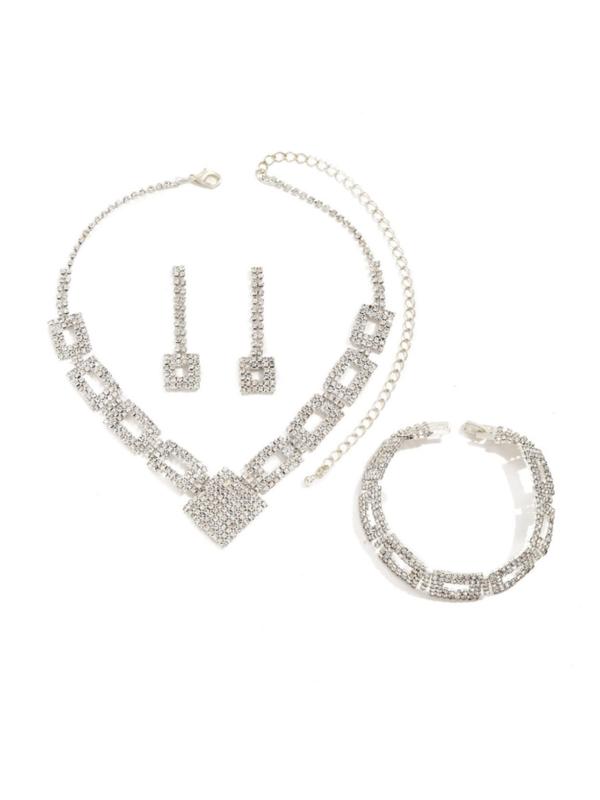 4pcs Elegant Rhinestone Decorated Inlay Jewelry Set, Including Necklace, Dangle Earrings & Bracelet Set, Fashion Jewelry Accessories As Gift for Women for Evening Party