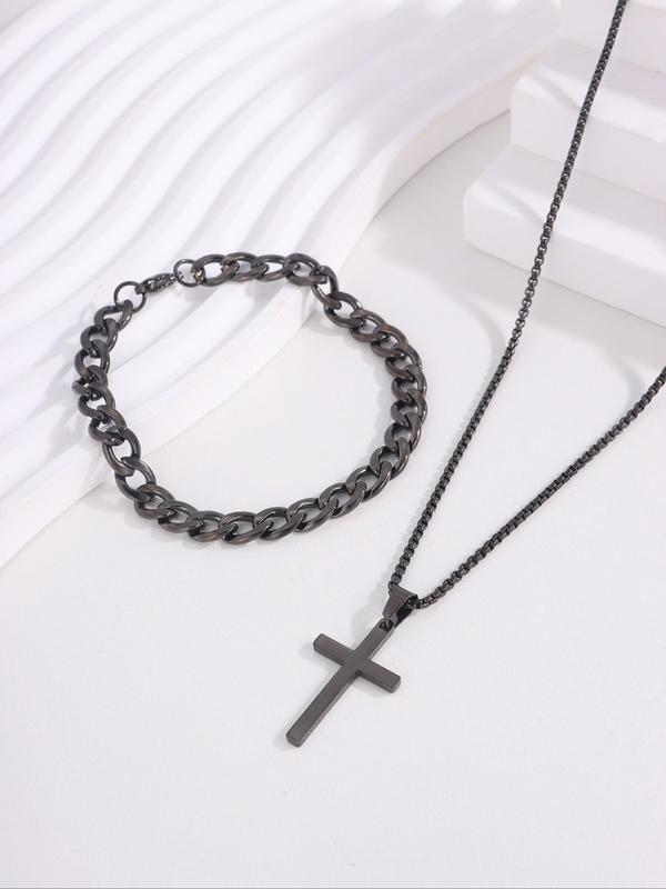 Punk Style Cuban Chain Bracelet & Cross Pendant Necklace, Stainless Steel Jewelry Set for Party, Daily  Decor, Trendy  Exquisite Jewelry for Birthday Gift