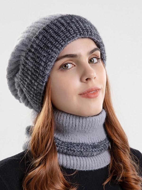 Women's Solid Color Patched Beanie Hat & Scarf Set, Casual Thickened Warm Hat & Scarf, Fashion Accessories for Fall & Winter