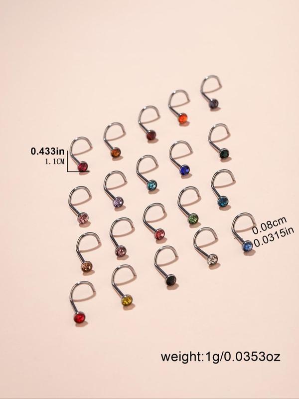 Rhinestone Decor Nose Ring (20pcs set), Punk Style Stainless Steel Nose Ring, Fashionable Body Jewelry for Men & Women