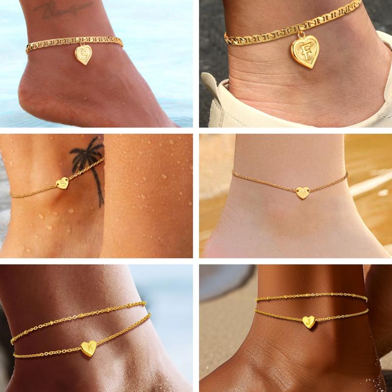 FindChic Initial Heart Charm Anklet with 26 Letters Golden-Plated Cute Ankle Bracelet Golden Mariner Chain Summer Beach Jewelry For Women Girlfriend Birthday Anniversary Wedding Valentine's Day Christmas Holiday Gift