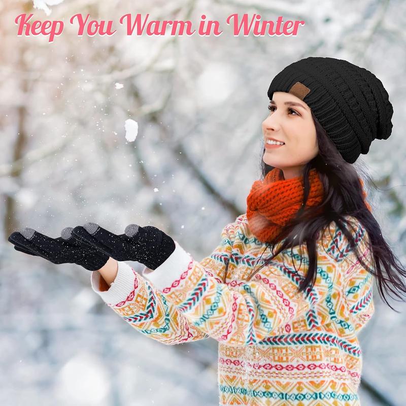 4 Counts Winter Glove and Hat Set Women Winter Hat Touchscreen Gloves Warm Knitted Hats and Gloves for Women