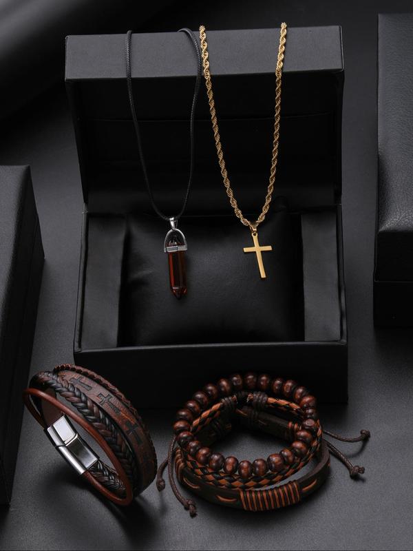 Men's Vintage Jewelry Set, Casual Trendy Cross Pendant Necklace & Beaded Bracelet, Fashion Jewelry Set for Party, Daily Clothing Decor As Birthday Gift