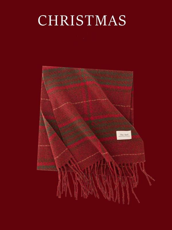 Christmas Plaid Pattern Tassel Decor Scarf, Casual Soft Warm Shawl for Fall & Winter, Fashion Accessories for Women & Men