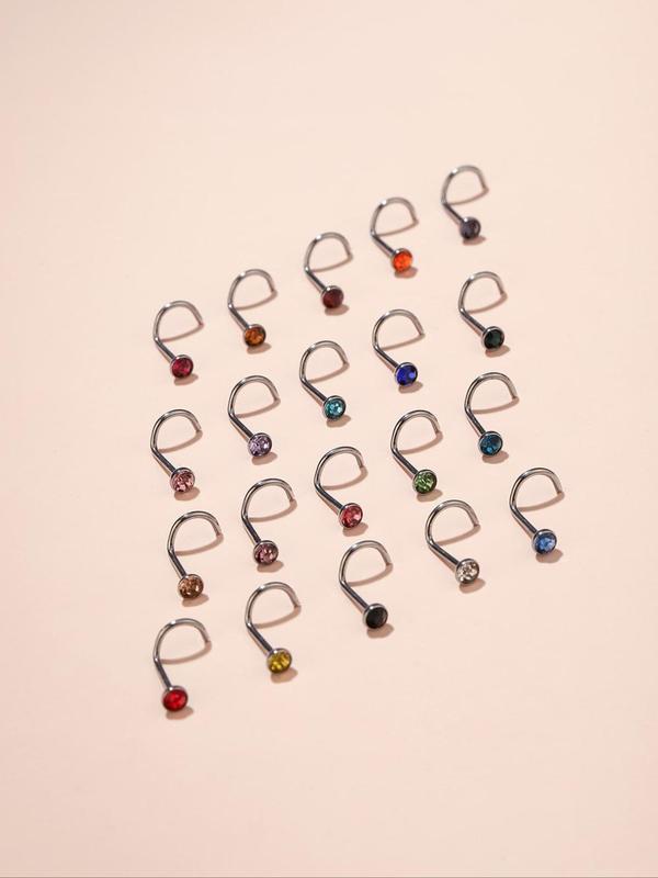 Rhinestone Decor Nose Ring (20pcs set), Punk Style Stainless Steel Nose Ring, Fashionable Body Jewelry for Men & Women