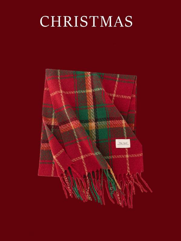 Christmas Plaid Pattern Tassel Decor Scarf, Casual Soft Warm Shawl for Fall & Winter, Fashion Accessories for Women & Men