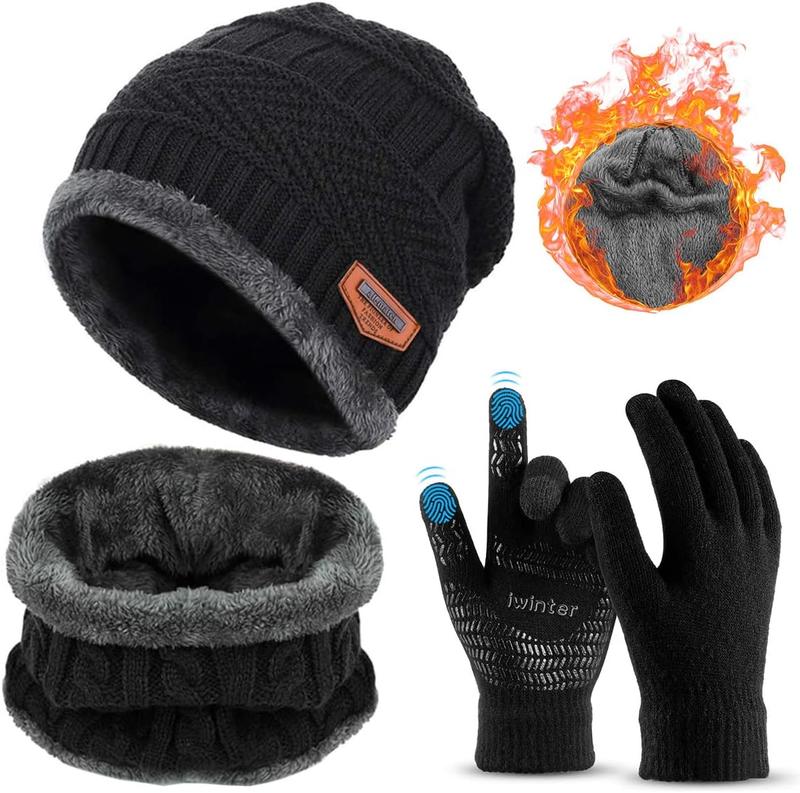 3 count Winter Beanie Hat Scarf Set and Touch Screen Gloves Warm Thick Knit Fleece Lined Skull Cap Gifts for Men Women