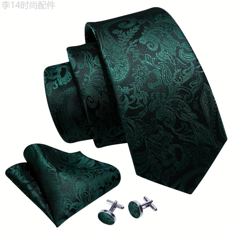 Vibrant Green Paisley Mens Fashion Tie Set - Luxury Floral Jacquard, Tie, Pocket Square & Cufflinks - Perfect for Wedding Parties, Ideal Gift for Him