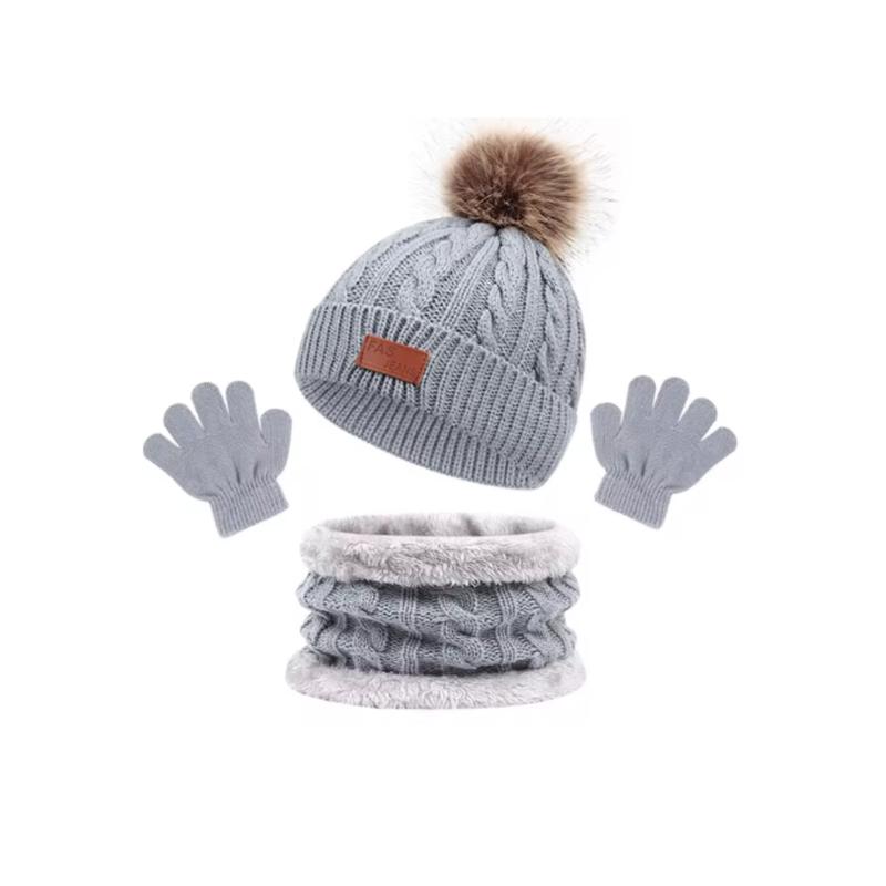 3Pcs Winter Hat Scarf Gloves Set Solid Color Bonnet Cute Pompom Knitted Hats Outdoor Warm Accessories