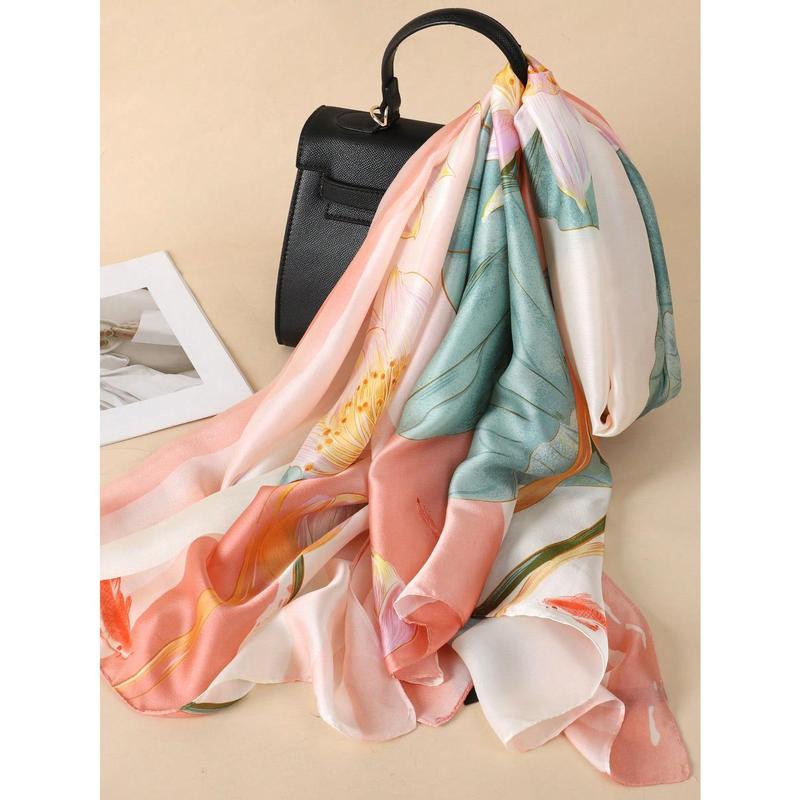 Fashion New Style Boho Ladies' Elegant Korean Style Bright Satin Floral Print Long Scarf, Smooth Lightweight Sunscreen Shawl, Suitable for Daily Life Winter Fall Christmas Gifts, Wedding Gifts, Birthday Gifts