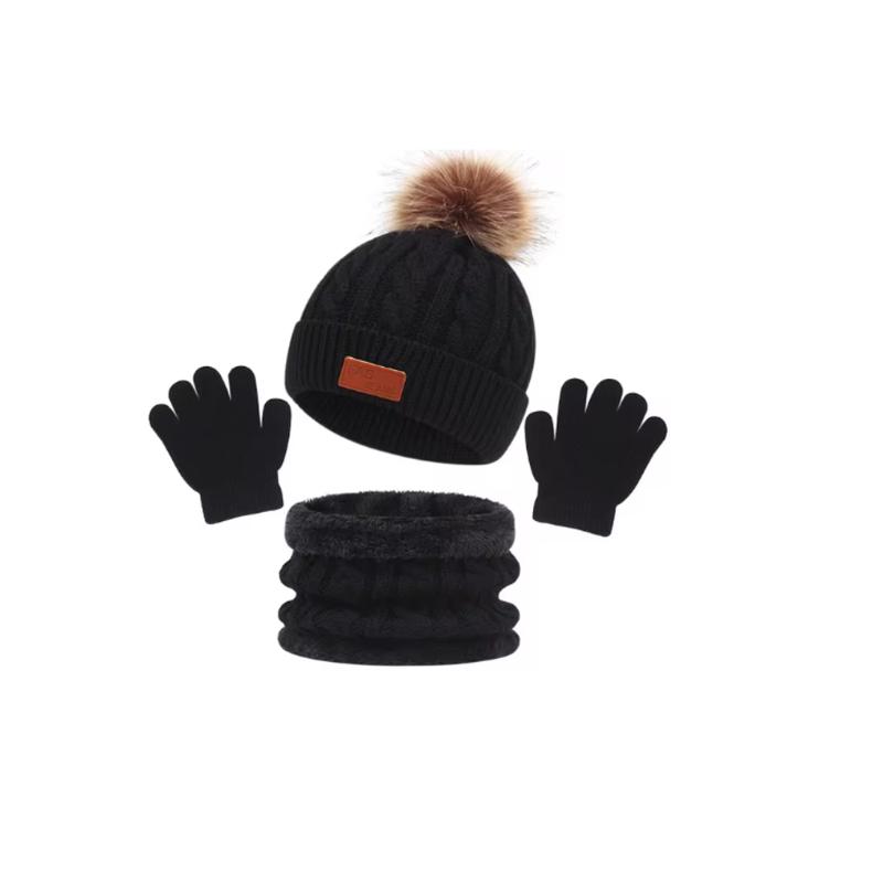 3Pcs Winter Hat Scarf Gloves Set Solid Color Bonnet Cute Pompom Knitted Hats Outdoor Warm Accessories