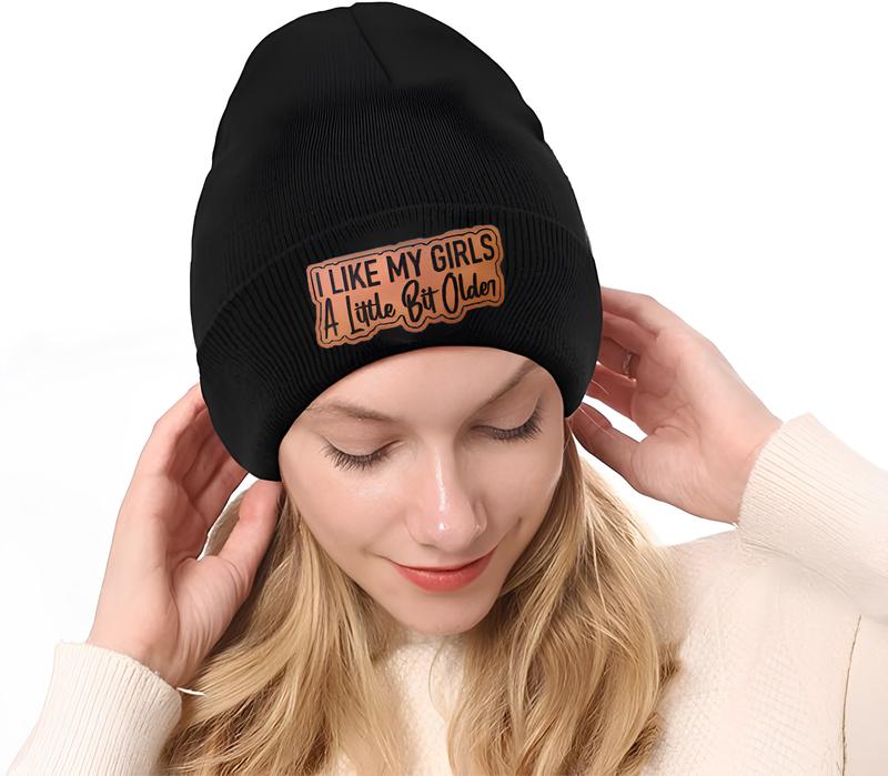 Beanie I Like My Girls A Little Bit Older Leather Patch, Beanie Hat for Men & Women, Hat for Fall & Winter, Fashion Accessories for Cold Weather, Fall Outfits, Winter Hat, Fall Freshness, Birthday Outfits Winter Hats for Women Men, Beanie Gifts Christmas