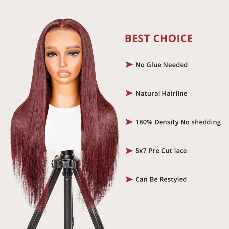 Wiggins Hair Cherry Cola Red Color Glueless Human Hair Wigs Straight Wig 5x7 Lace Closure Human Hair Pre Cut Pre Plucked Ready to Go Glueless Wigs