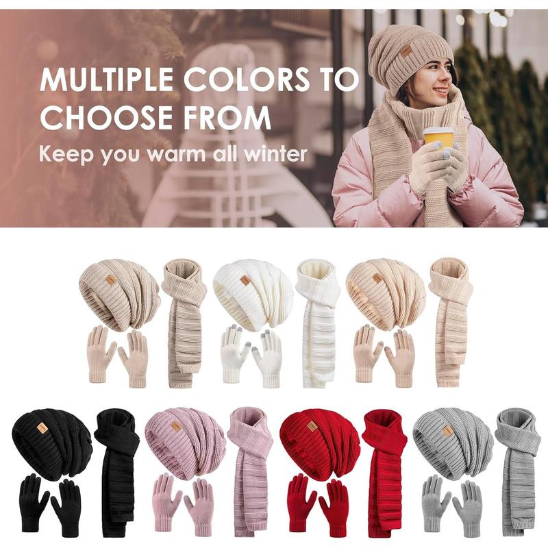 Women Beanie Hat Scarf Gloves Set Fleece Lined Winter Warm Hat Long Knit Scarf Touchscreen Gloves for Cold Weather Winter Knitted