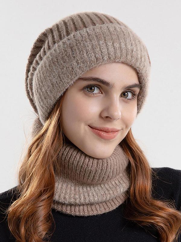 Women's Solid Color Patched Beanie Hat & Scarf Set, Casual Thickened Warm Hat & Scarf, Fashion Accessories for Fall & Winter