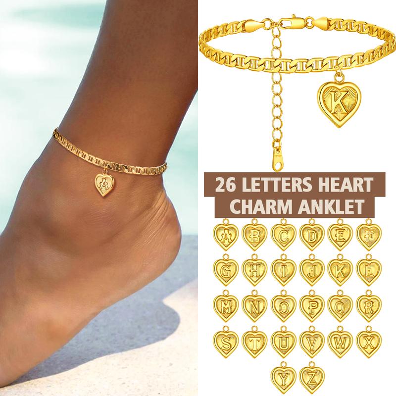 FindChic Initial Heart Charm Anklet with 26 Letters Golden-Plated Cute Ankle Bracelet Golden Mariner Chain Summer Beach Jewelry For Women Girlfriend Birthday Anniversary Wedding Valentine's Day Christmas Holiday Gift