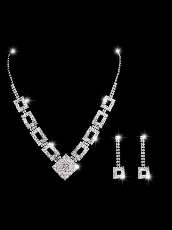 4pcs Elegant Rhinestone Decorated Inlay Jewelry Set, Including Necklace, Dangle Earrings & Bracelet Set, Fashion Jewelry Accessories As Gift for Women for Evening Party