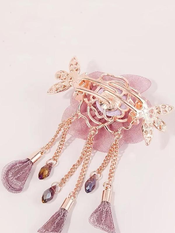 Elegant Style Chain Tassel Decor & Mesh Rose Design Hair Claw Clip, Rose Hair Claw, Fashion Hair Styling Accessories Perfect For Women & Girls