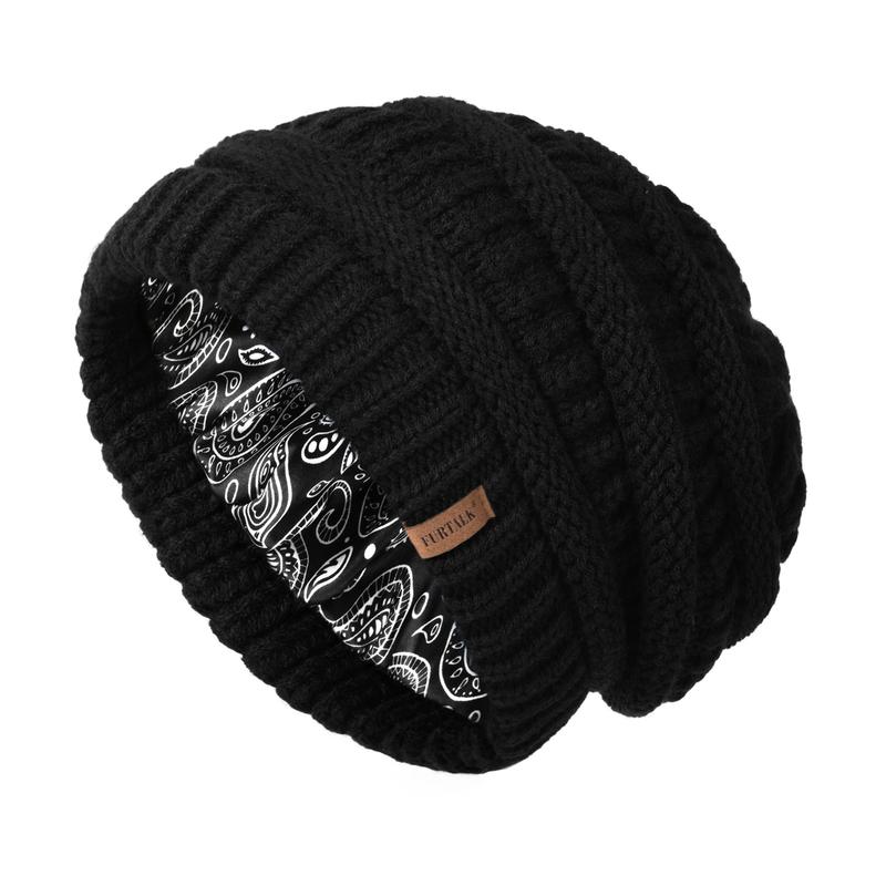 FURTALK Winter Beanie Hat for Women Satin Lined Cable Knit Chunky Slouchy Beanies Skull Warm Cap satin  hat