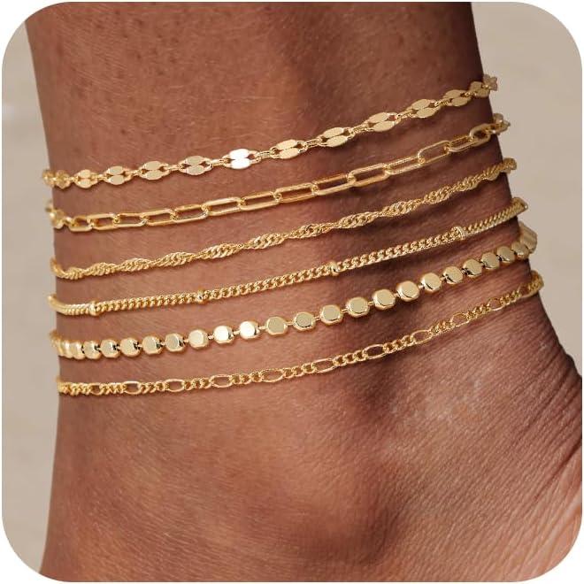 TEWIKY Waterproof Ankle 6PCS Bracelets Thiny Herringbone Box Paperclip Figaro Cuban Link Anklet Set Dainty Jewelry for Women Cute Summer Beach Jewelry