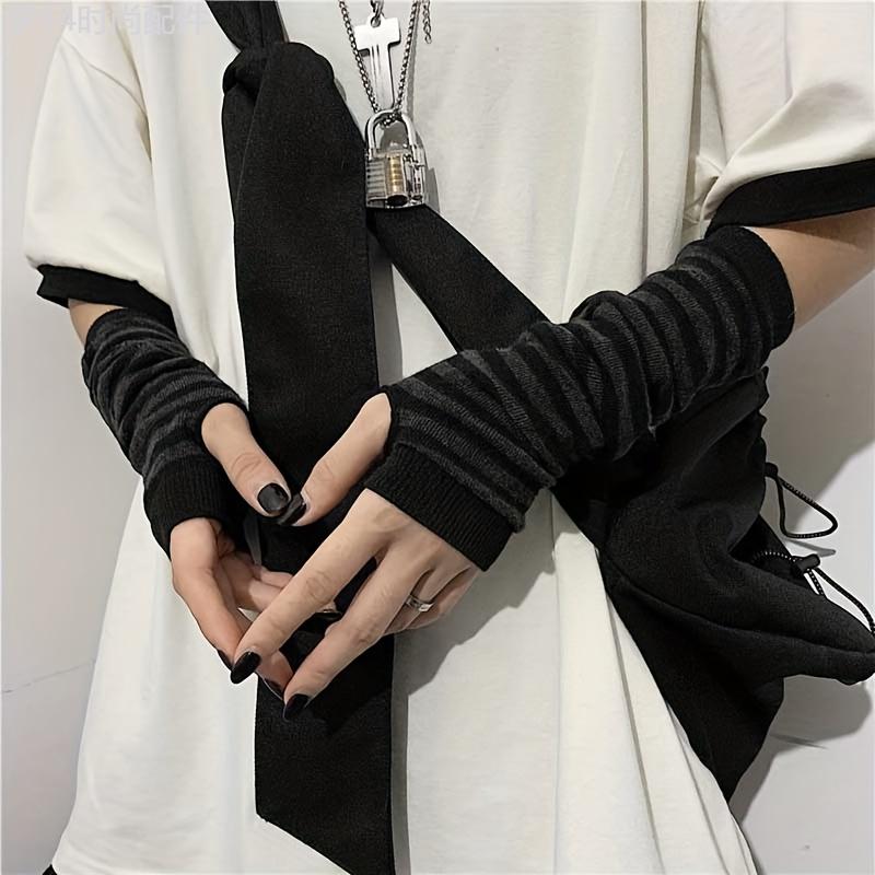 Unisex Harajuku Style Fingerless Knitted Gloves - Warm, Striped, Mid-Length, Y2K Decorative, Gothic-Inspired, Soft, Cozy, Winter Accessories for Women and Men