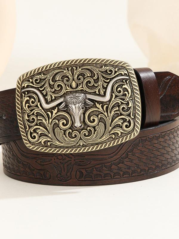 Men's Boho Style Western Style Pu Buckle Belt, Vintage Style Bull Head Decorative Belt, Fashion Clothes Accessories for Daily Wear for Gift