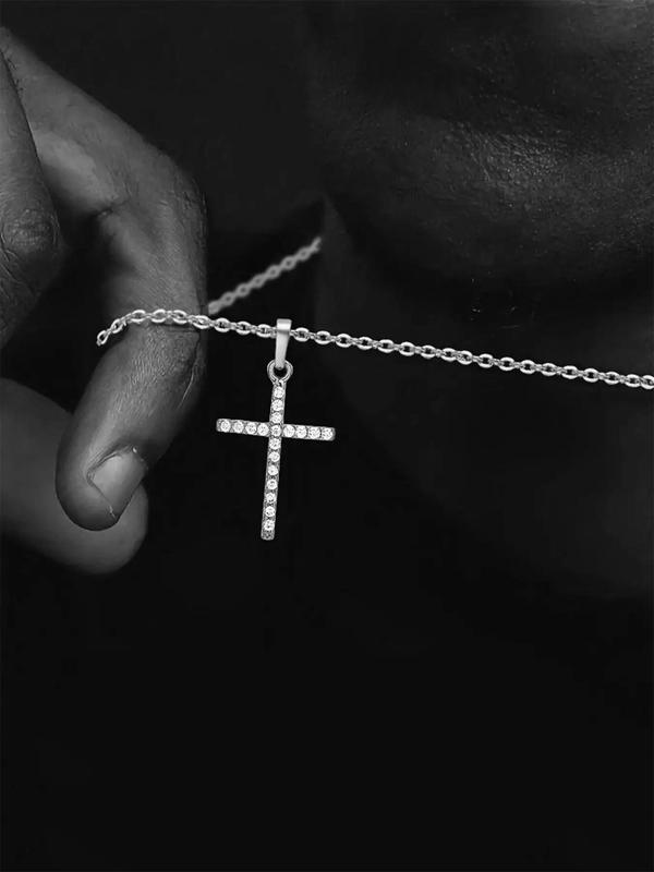 Minimalist Matching Cross Pendant Necklace for Men, Rhinestone Decor Chain Mexican Necklaces, Fashion Grunge Necklaces Jewelry for Party & Daily Clothing Decor