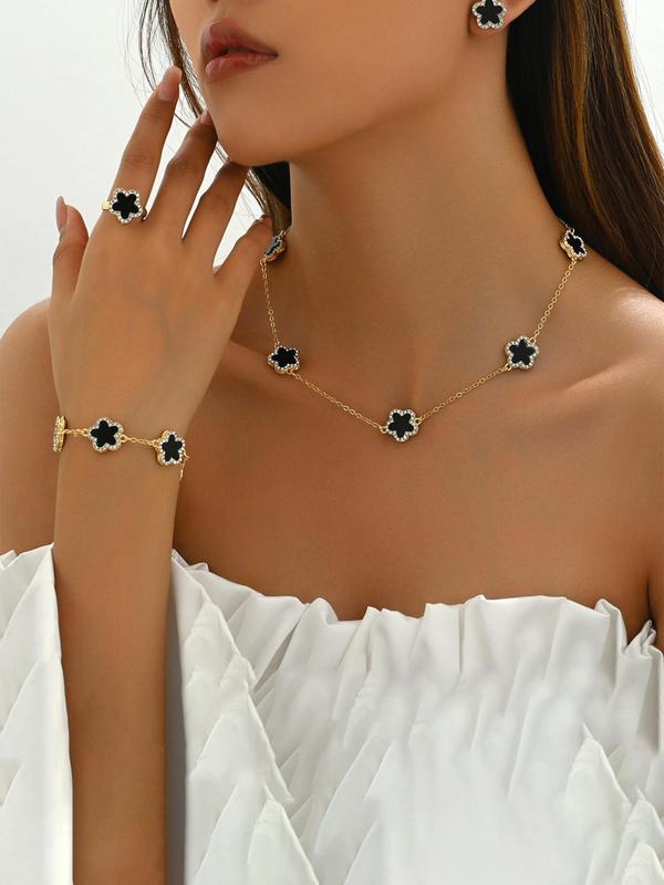 Women's Elegant Rhinestone Decor Flower Design Jewelry Set, Exquisite Trendy Necklace & Earrings & Ring & Bracelet, Chic Jewelry Set for Party & Daily Decor