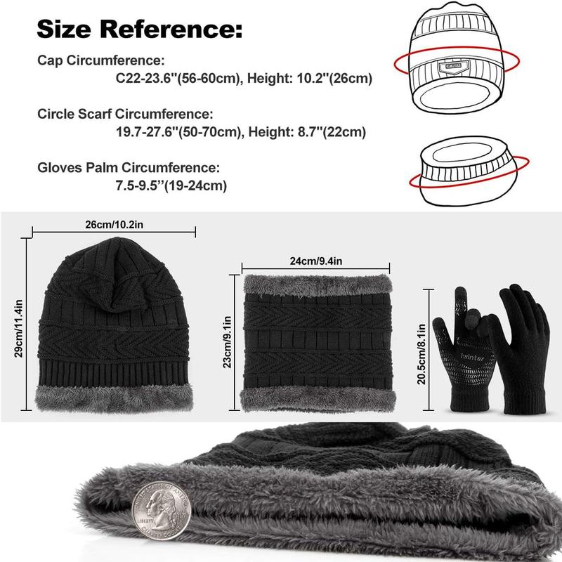 3 count Winter Beanie Hat Scarf Set and Touch Screen Gloves Warm Thick Knit Fleece Lined Skull Cap Gifts for Men Women