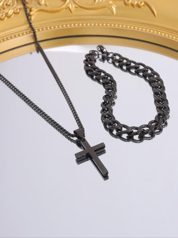 Punk Style Cuban Chain Bracelet & Cross Pendant Necklace, Stainless Steel Jewelry Set for Party, Daily  Decor, Trendy  Exquisite Jewelry for Birthday Gift