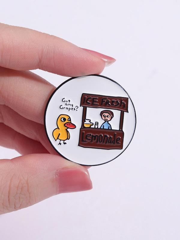 Cartoon Duck & Lemonade Store Design Round Shaped Brooch, Cute Fashion Alloy Badge For Daily Vacation Holiday Party Gift