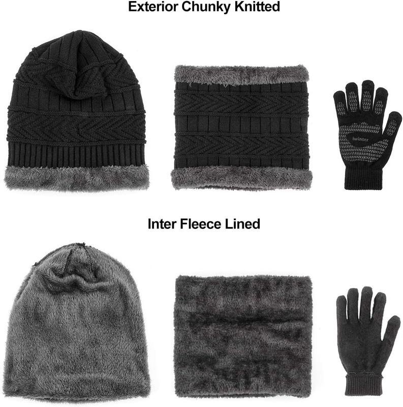 3 count Winter Beanie Hat Scarf Set and Touch Screen Gloves Warm Thick Knit Fleece Lined Skull Cap Gifts for Men Women