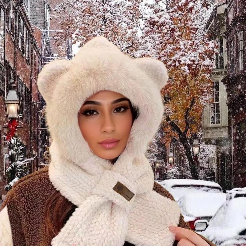 Women's Cute Bear Ear Design Knit Hat & Scarf, Casual Soft Comfortable Warm Hat & Scarf for Fall & Winter, Women's Outdoor Sports Hat, Christmas Gift