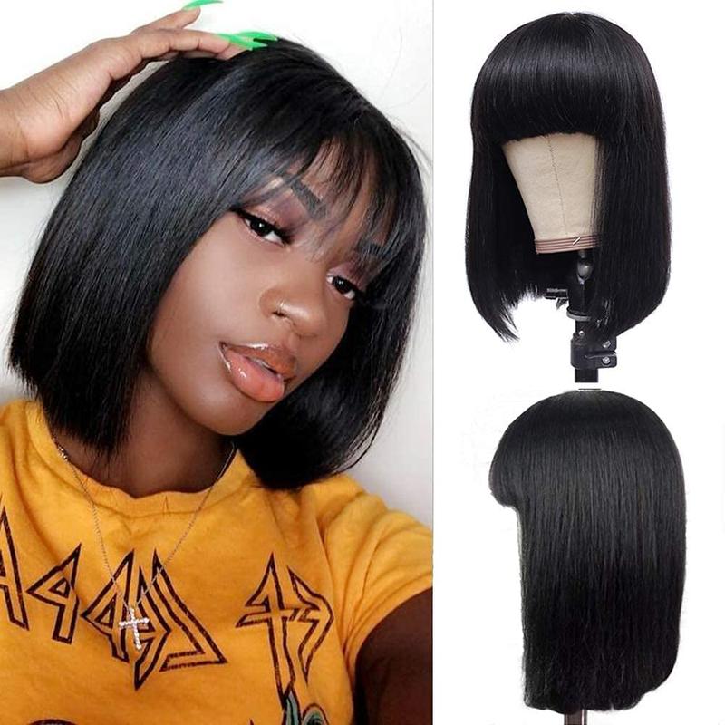 Clearance Msgem Hair Short BobWigs with Bangs Brazilian StraightHuman Hair Wigs 150% Density NoneLace Front Wigs Glueless MachineMade Bob Wigs for Black WomenNatural Color